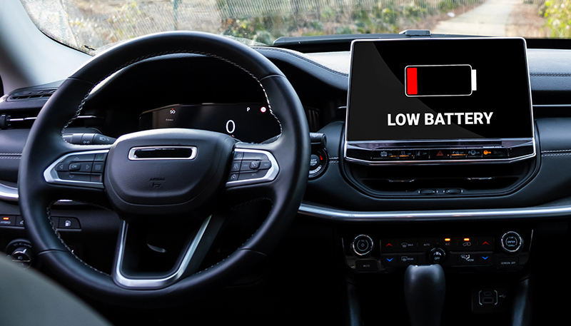 Residential Electrician 1 Car dashboard displaying a low battery warning on the infotainment screen